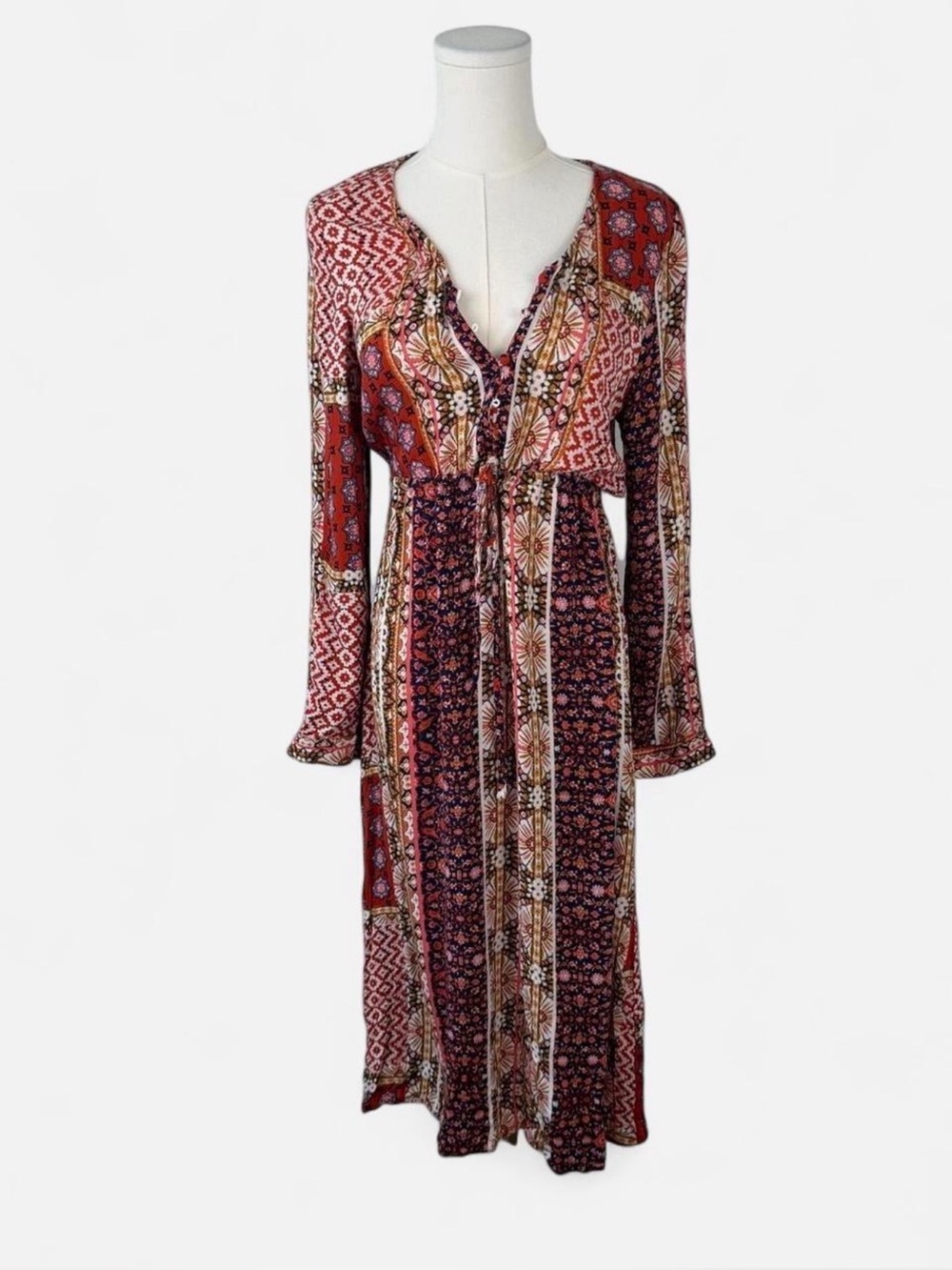 Promesa boho patchwork print long sleeve midi dress size S